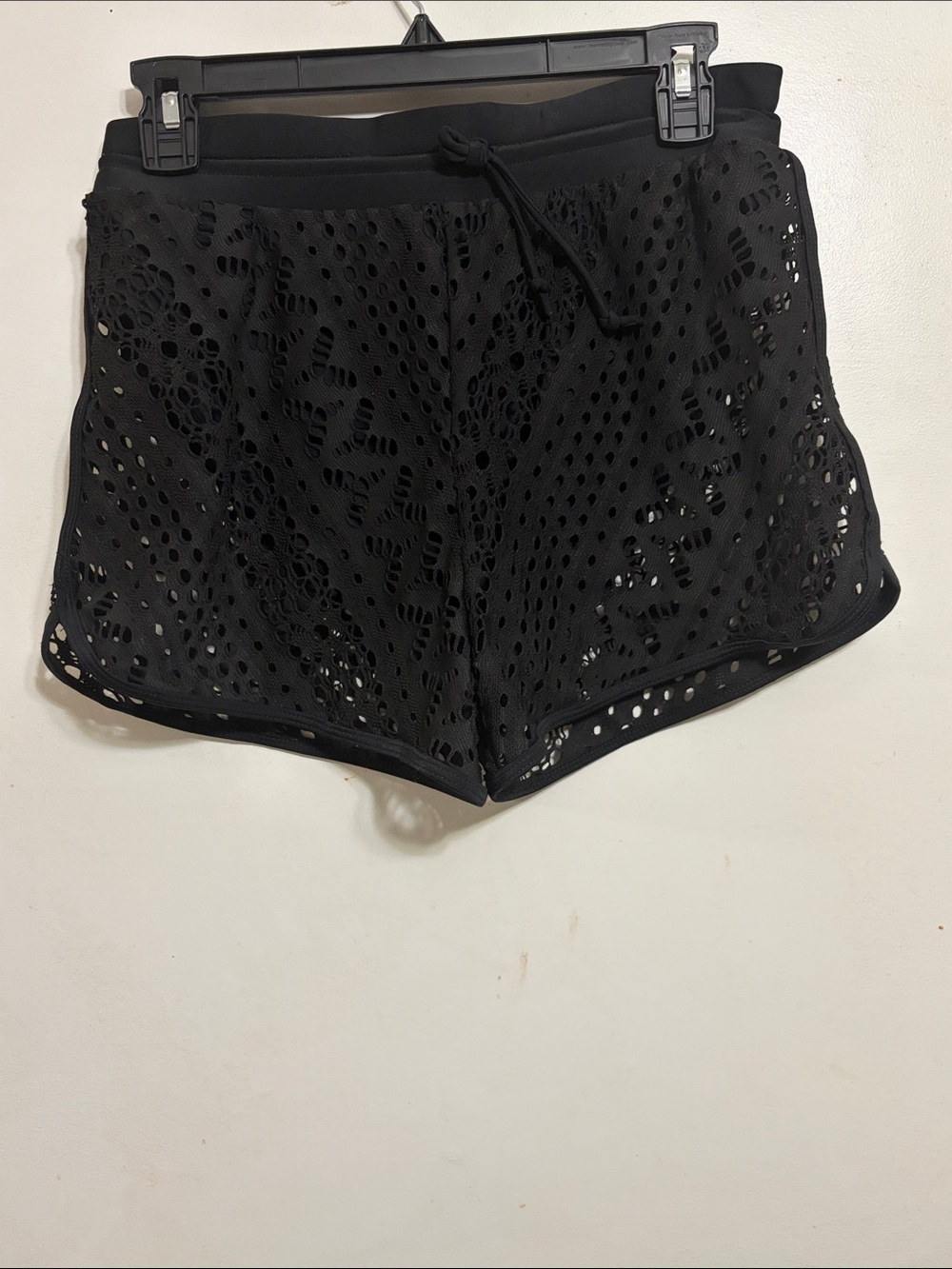 Black Women's Crochet Mesh Drawstring Shorts waist 28” longer 12